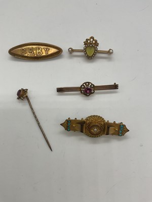 Lot 1204 - Five 9ct yellow gold and yellow metal brooches...