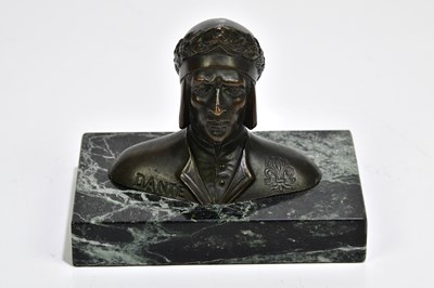 Lot 1152 - A bronzed metal bust of Danté on marble plinth,...