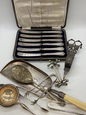 Lot 1136 - A cased set of six silver sheath handled small...