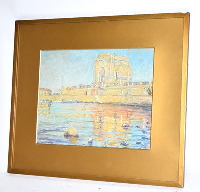 Lot 6232 - EDGAR WOOD; pastel, harbour scene with figures,...
