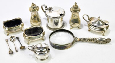 Lot 2323 - A hallmarked silver five piece cruet, a lidded...