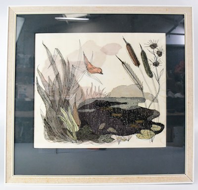 Lot 433 - An unusual textile panel depicting a pond,...