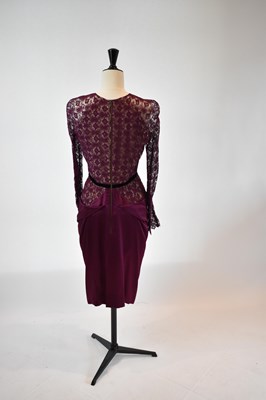 Lot 40 - ROLAND MOURET; a purple silk and lace evening...