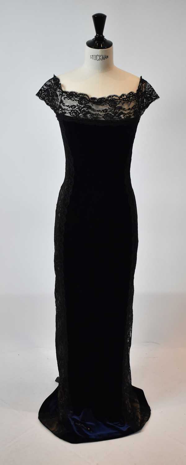 Lot 45 - AZZARO; a navy blue velvet and black lace...