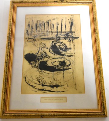 Lot 6121 - FRIEDRICH BOMCHES; ink, stylised duck in pond,...