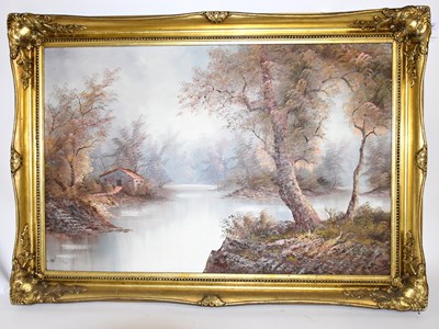 Lot 6167 - I. CATIER; oil on board, cottage by lake,...