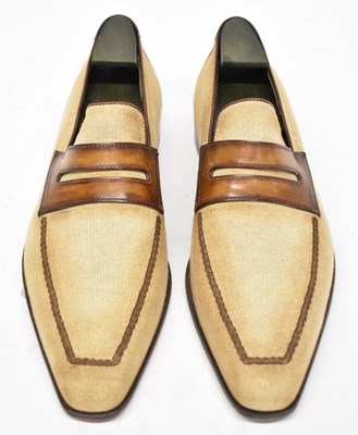 Lot 575 - BERLUTI; a pair of brown leather and canvas...