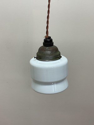 Lot 411 - An opaline pendant light with metal gallery,...