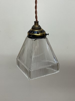 Lot 399 - A clear holophane square rim pendant light...