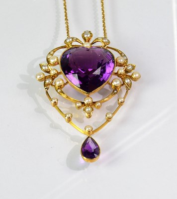 Lot 933 - An Edwardian 15ct gold amethyst and seed pearl...