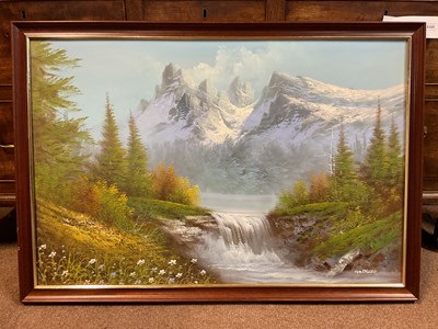 Lot 6320 - GOLDBERG; oil on canvas, mountainous landscape,...