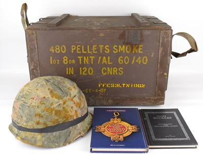 Lot 445 - Military collectibles to include a hard hat...