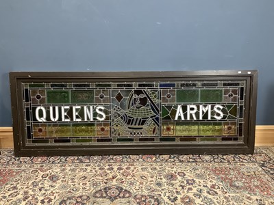 Lot 1334 - A leaded stained glass panel, the Queen's Arms...