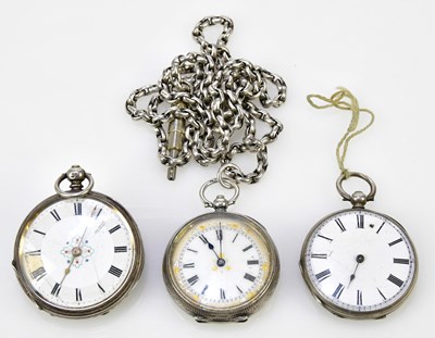 Lot 3003 - Three silver/white metal fob watches and a...