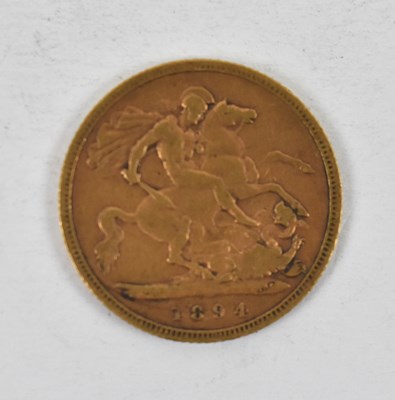 Lot 872 - A Victorian 1894 half sovereign, old head.