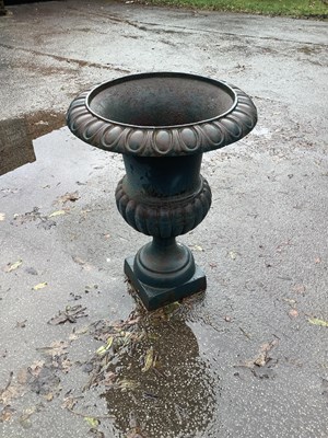 Lot 2266 - A blue painted cast iron garden urn, height 75cm.