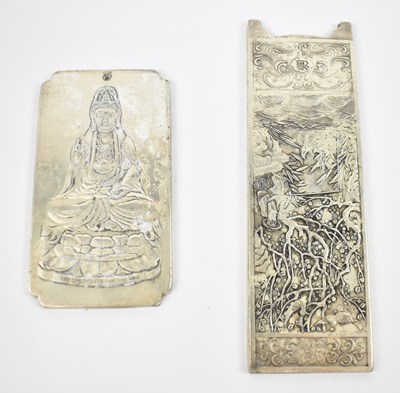 Lot 643 - Two Chinese white metal tablets, 15 x 4.5cm...