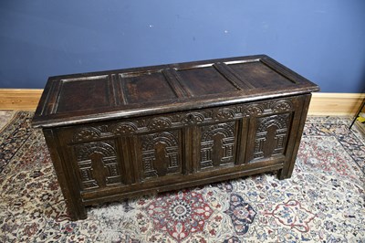 Lot 6520 - A large 18th century oak coffer, the four...
