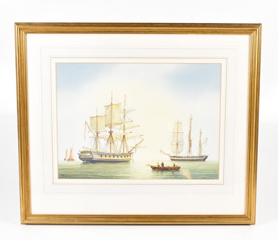 Lot 6324 - ROBERT HORNE; watercolour, 'Two Frigates at...