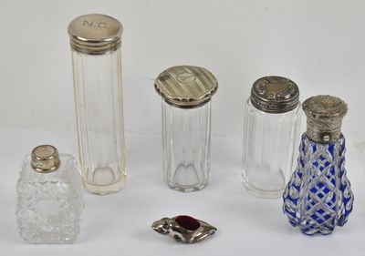 Lot 764 - Four glass silver mounted toilet jars, a glass...