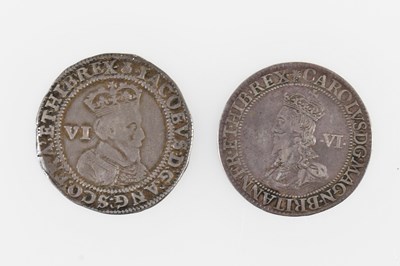 Lot 3187 - JAMES I; a silver sixpence (first bust), and a...