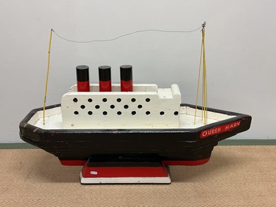 Lot 31 - A naive painted wooden model of the Queen Mary,...