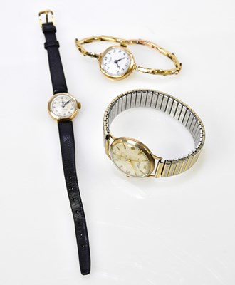 Lot 3033 - Three vintage 9ct yellow gold wristwatches...