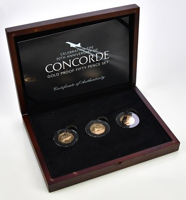 Lot 3066 - CONCORDE; three 22ct proof fifty pence pieces,...