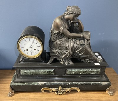 Lot 2104 - A Victorian slate and marble mantel clock,...