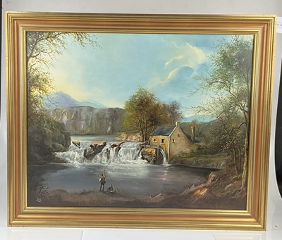Lot 1520 - M. MOORE; oil on canvas, fishing scene, signed...