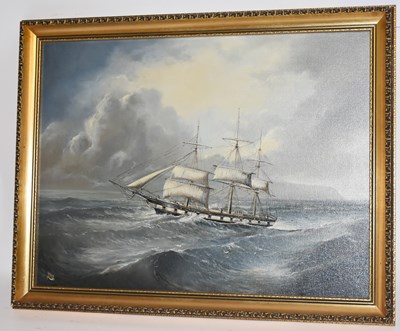 Lot 6179 - M. MOORE; oil on canvas, ship scene, signed...