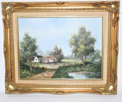 Lot 6181 - H KNAUF; oil on canvas, country house, signed...