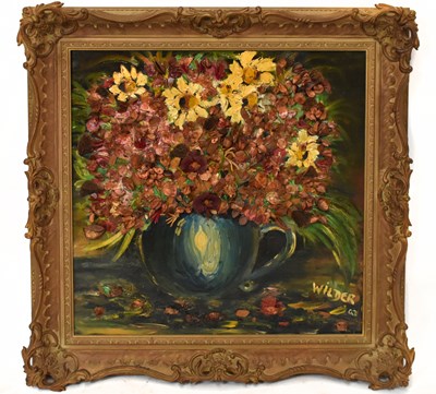Lot 1261 - GA WILDER; collage, still life, 'Blue Vase...