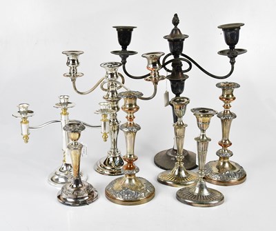 Lot 2821 - Three silver plated candelabra, two pairs of...