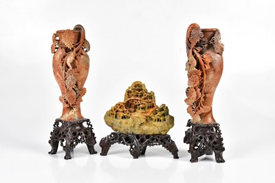 Lot 5338 - A pair of Chinese carved soapstone vases,...