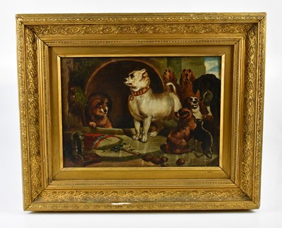 Lot 6165 - J HANKS; oil on board, dogs, signed lower...