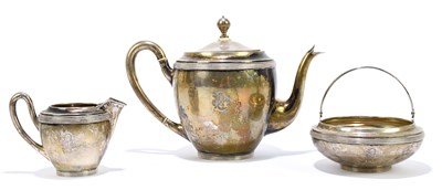 Lot 2049 - A French white metal three piece tea set to...