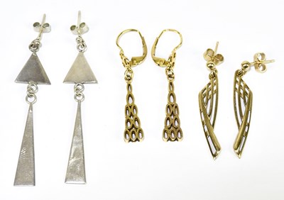 Lot 1502 - A pair of 9ct yellow gold earrings, approx....