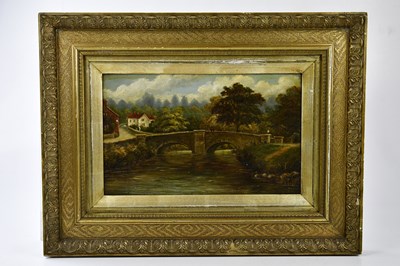 Lot 1515 - J SLATER; oil on canvas, fishermen on bridge,...