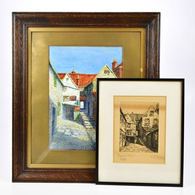 Lot 1467 - RICHARD ARTHUR RISELEY; watercolour, street...
