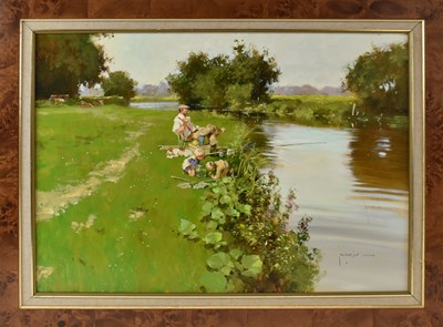 Lot 200 - JOHN HASKINS (born 1938); oil on board, river...