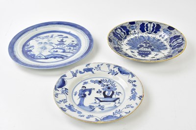 Lot 1300 - DELFT; two 18th century tin glazed plates to...
