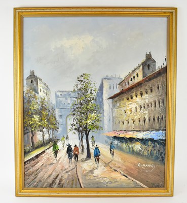 Lot 285 - R DANEY; a modern oil on canvas, street scene...