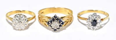 Lot 1037 - Three 18ct yellow gold diamond and sapphire...