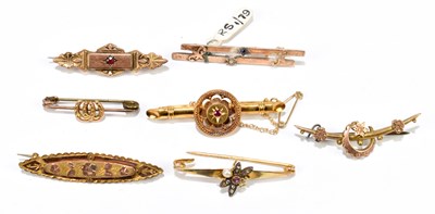 Lot 1441 - Seven 9ct yellow gold and yellow metal bar...