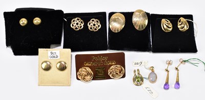 Lot 1538 - Seven pairs of 9ct yellow gold earrings and...