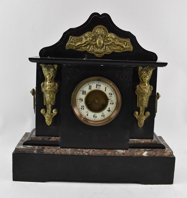 Lot 158 - A late Victorian slate mantel clock set with...