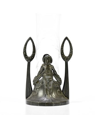 Lot 1222 - WMF; a Sesessionist pewter vase holder and cut...