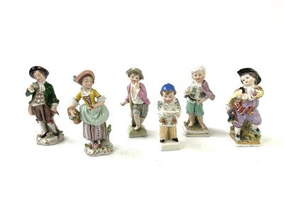Lot 5373 - Six miniature Continental porcelain figures...