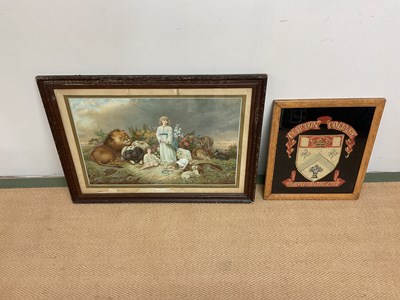 Lot 152 - A coat of arms sampler, 38 x 41cm and a print,...